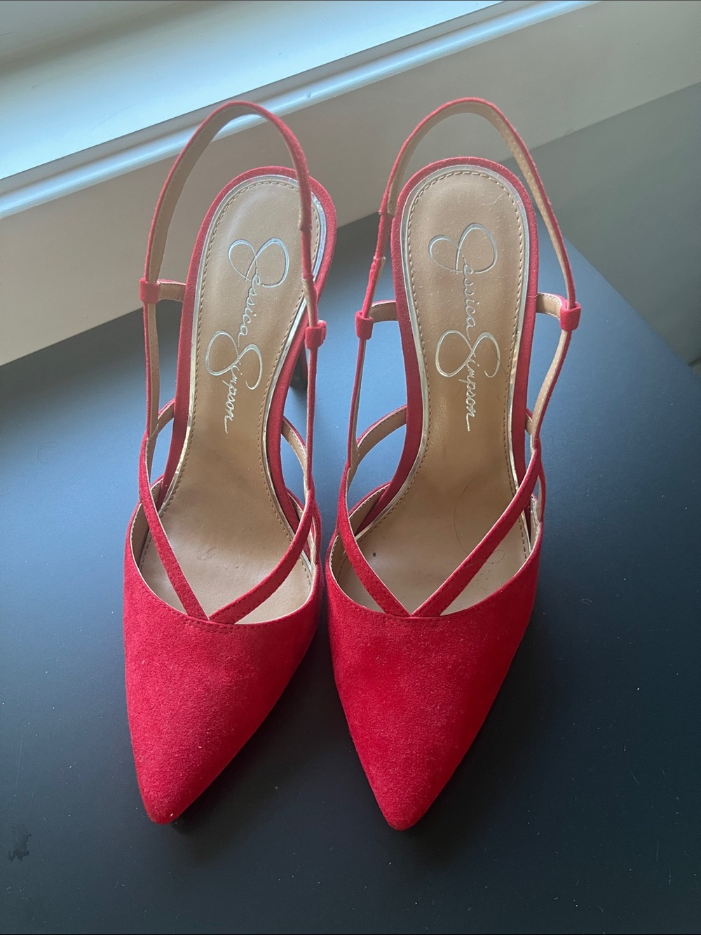 Jessica Simpson Red Suede Pointed-Toe Slingback Pumps